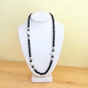 Vtg Art Deco Faceted Black Glass Faux Pearl Bead Necklace Classic Chic Station